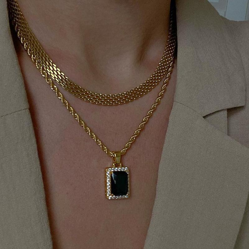 Set Kalung Rantai Kuba Bahan Stainless Steel Warna Hitam Untuk Wanita