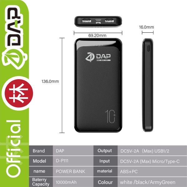 DAP D-P111 PowerBank 10.000 mah Dual Input Output Type C &amp; Micro USB