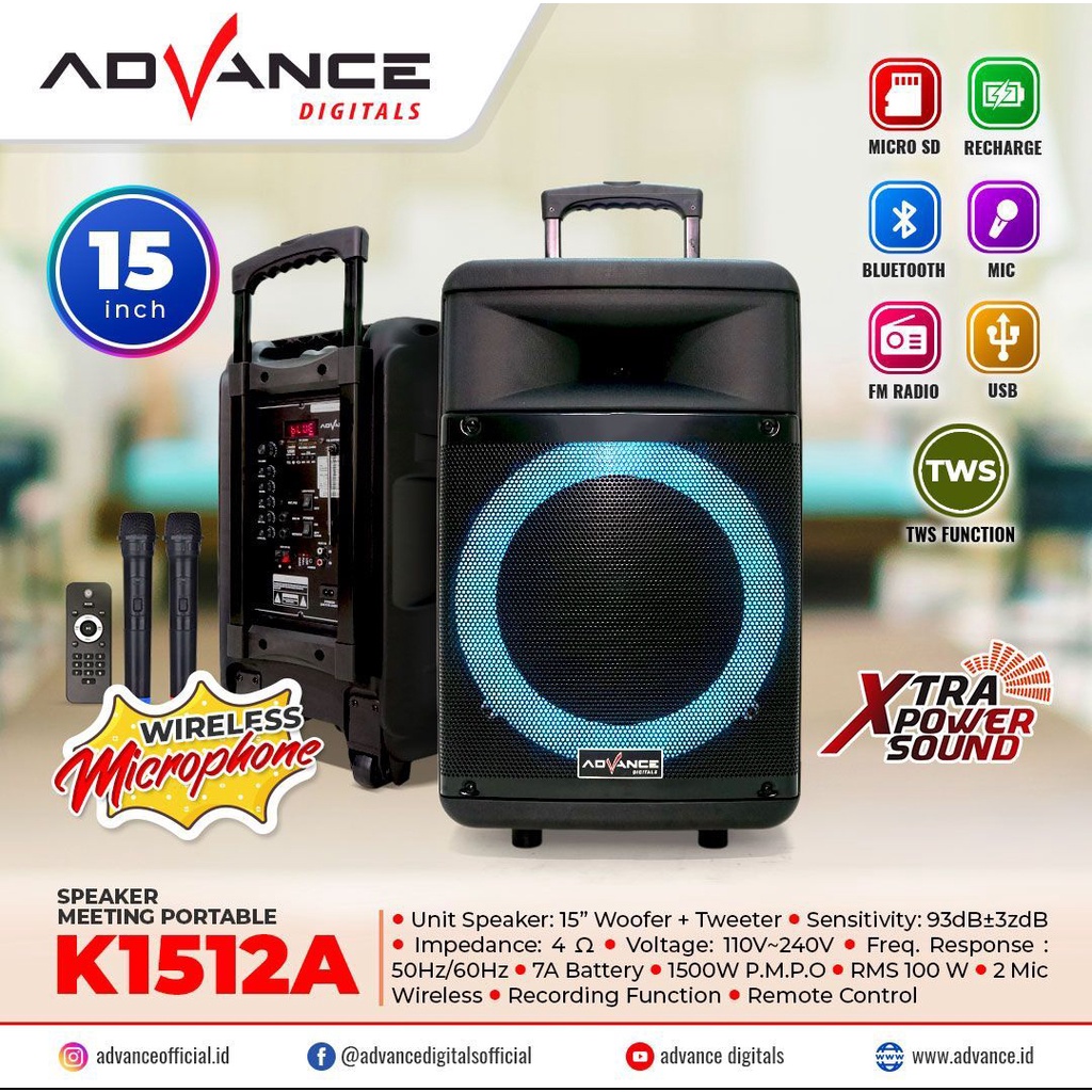 Advance Speaker 15 Inch K1512A + 2 Pc Microphone Wireless Fitur Guitar Input