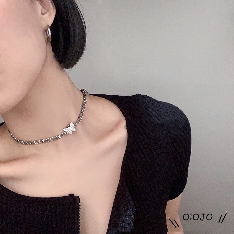 Kalung Choker Rantai Silver Tebal Desain Kupu-Kupu Hias Berlian Gaya Retro Korea Untuk Wanita - ol