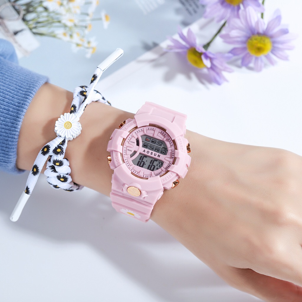 ✅COD Jam Tangan Digital Wanita Pria Fashion Sport Gaya Bunga Aster Kecil Rubber Bulat Watch LED Murah S1174