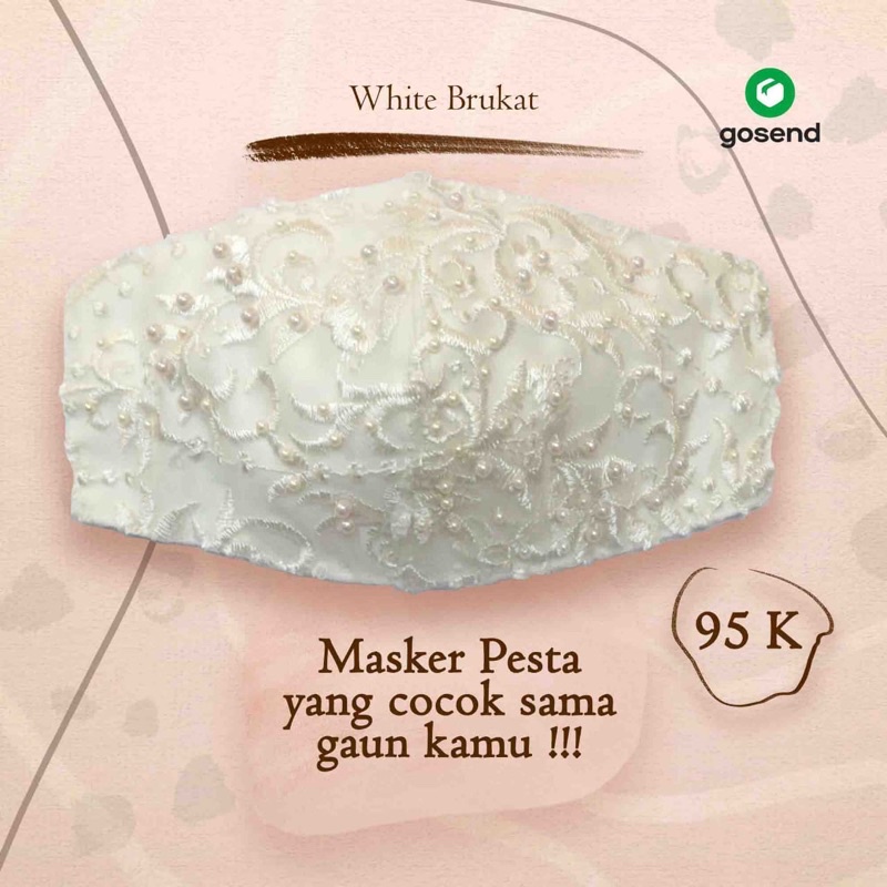 Masker Kain 3 ply Premium | Satin Brokat Putih Pengantin