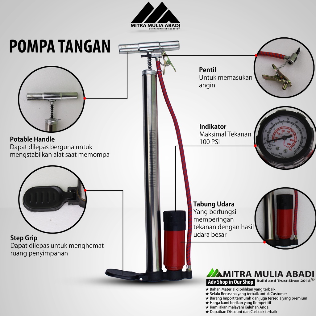 Pompa Angin Sepeda Motor Bola Tangan Standart 100psi 7bar Stainless | WANLY