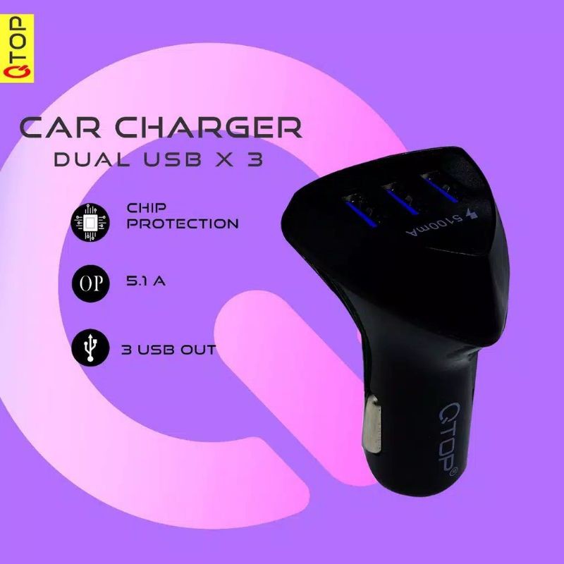 Car Charger Qtop 3 USB Out Put 5.1A USB Car Charger With Flashlight Adaptor Saver Mobil 3USB 5.1A