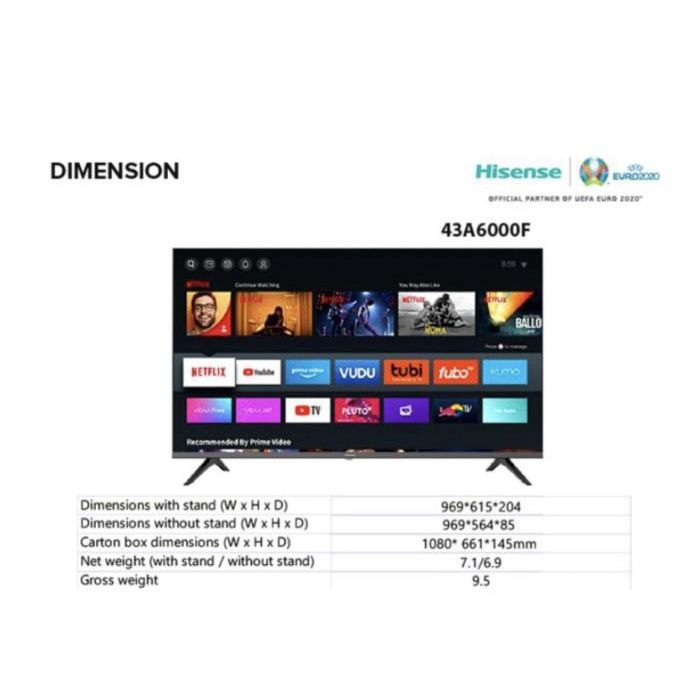 LED TV 43 INCH SMART ANDROID TV HISENSE 43A6000F VIDEO RECORDER - TANPA BUBBLE