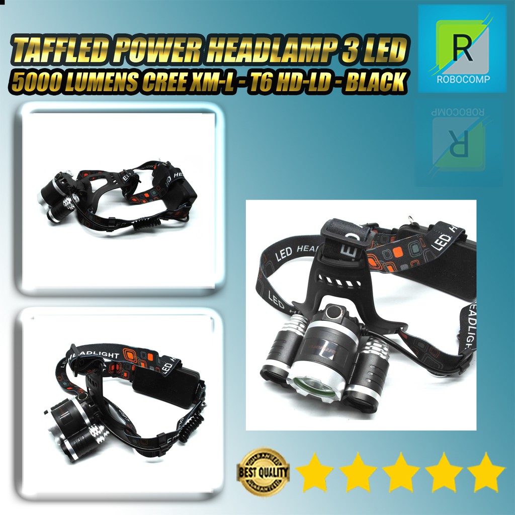 Power Headlamp 3 LED 5000 Lumens TaffLED Cree XM-L - T6 HD-LD