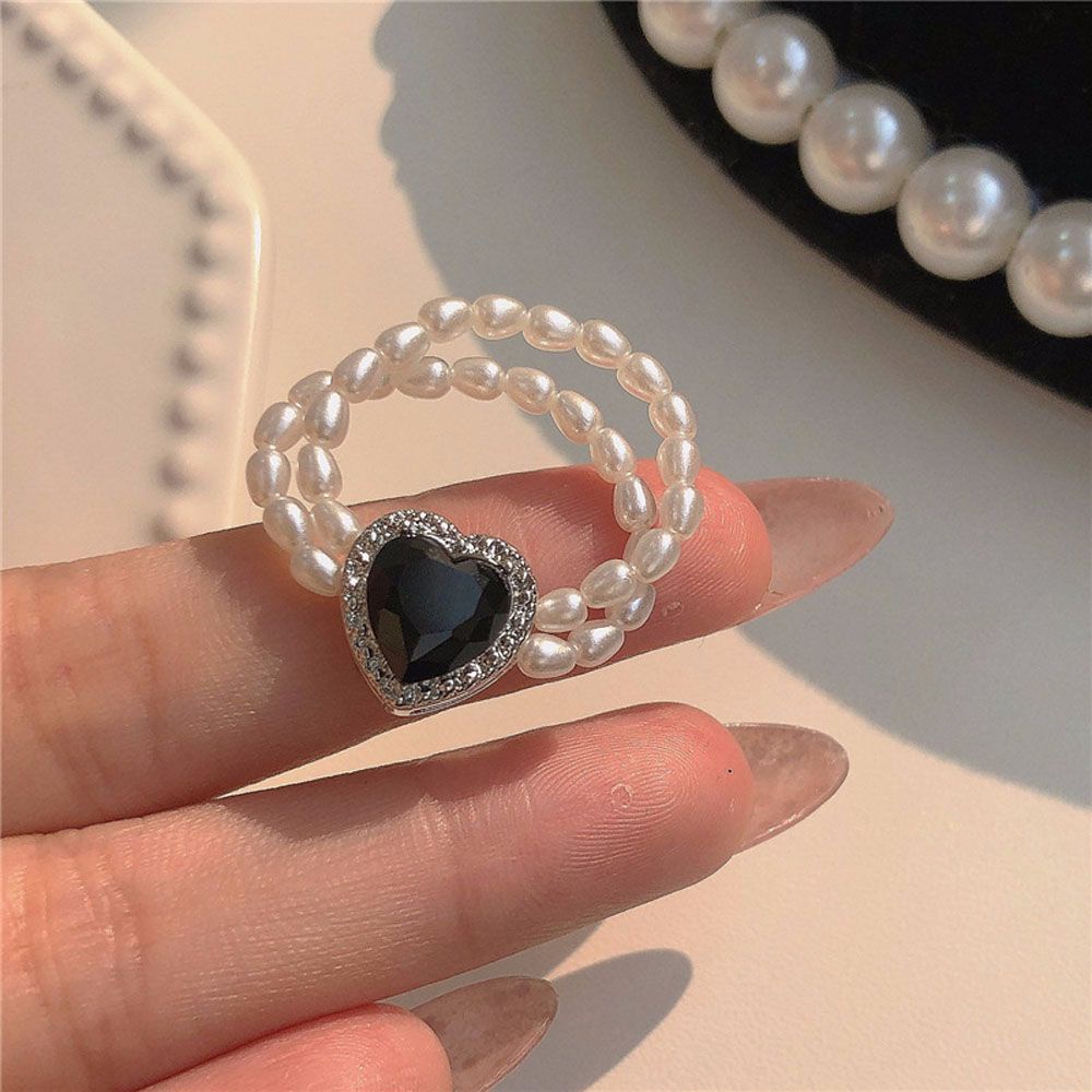 Needway  Women Girls Rings Wedding Party Jewelry Bead Ring Fashion Accessories Elastic Heart-shaped Diamond Black Gem Romantic Finger Ring/Multicolor