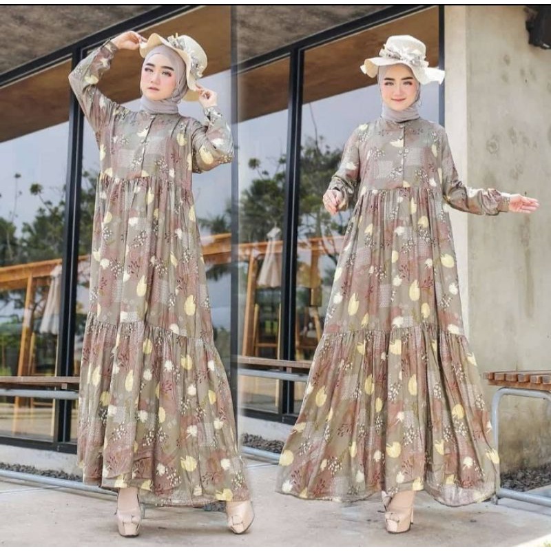 GAMIS MAXI DRESS RAYON PREMIUM LD 100 - 110 HOMEYDRESS BUSUI BAJU GAMIS SERAGAM MOTIF TERBARU V.2-HAMIKO CHOCO DRESS