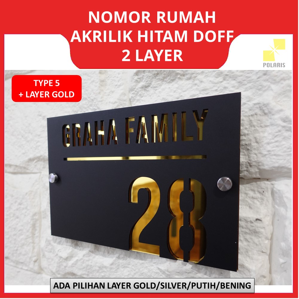 NOMOR RUMAH AKRILIK MODERN HITAM DOFF 2 LAYER - PAPAN NO RUMAH ACRYLIC CUSTOM TULISAN LUBANG DESIGN MINIMALIS - PAPAN ALAMAT NOMER RUMAH AKRILIK MIRROR GOLD/SILVER ELEGAN