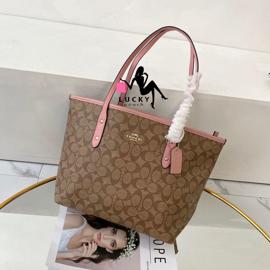 [100% ORIGINAL] Coach Tote Bag City Zip in Signature Khaki Pink F58292 - Tas Wanita