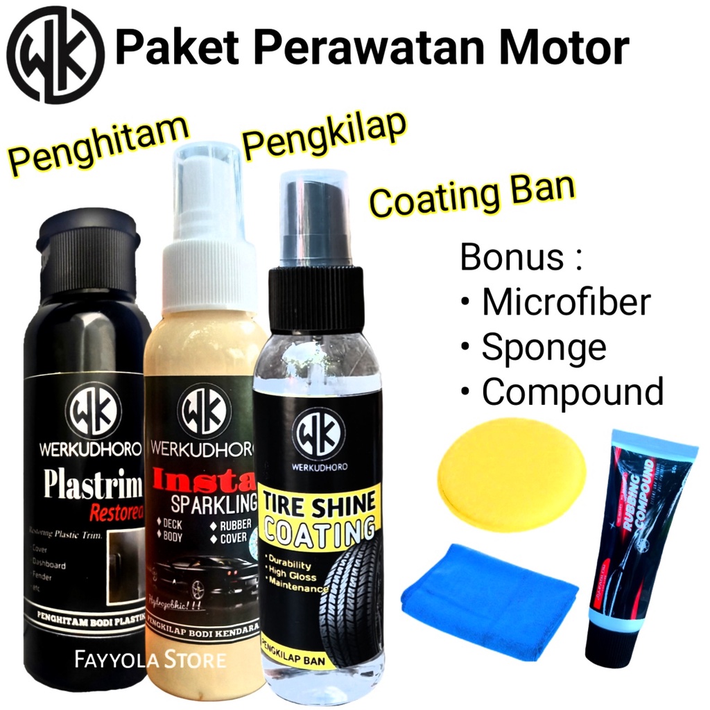 Paket Perawatan Motor WK lengkap / Pengkilap Body Motor / Penghitam Body Motor Permanen / Pengkilap Ban / Semir Ban / Penghitam Dasboard / Pengkilap Motor Doff &amp; Gloss