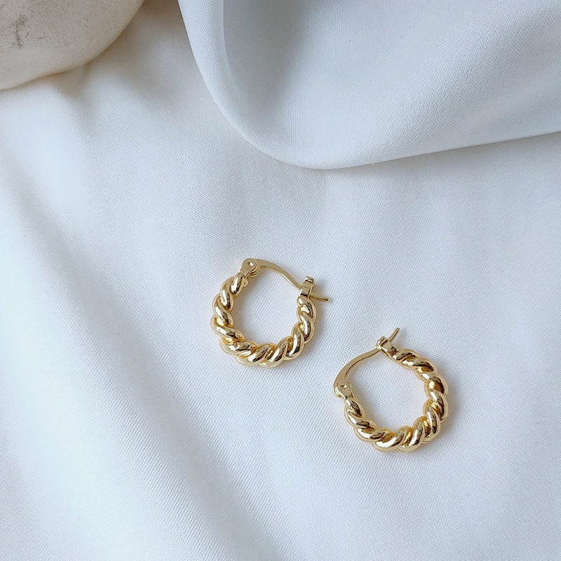 14k berlapis emas Anting Twist kecil Hoop busana sederhana benang anting tindik Cricle