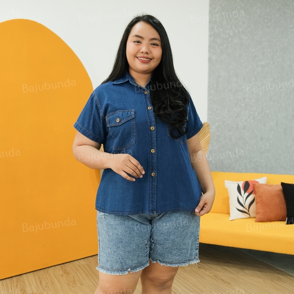 KEMEJA WANITA JUMBO BIG SIZE DENIM JEANS LENGAN PENDEK XXXL BAJUBUNDA IRENE-NAVY