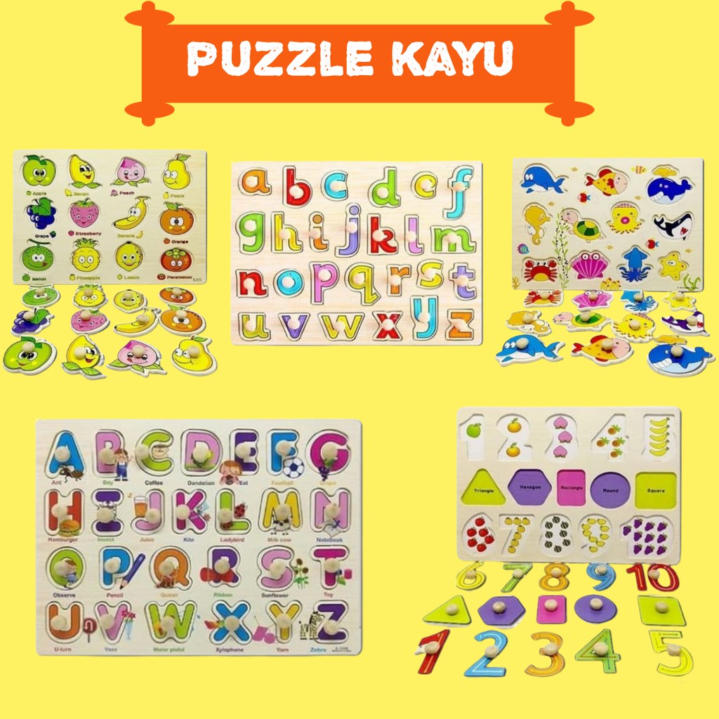 Mainan Pazel Puzzle Kayu Huruf Angka Hewan Buah Edukasi Anak Lantai Knob