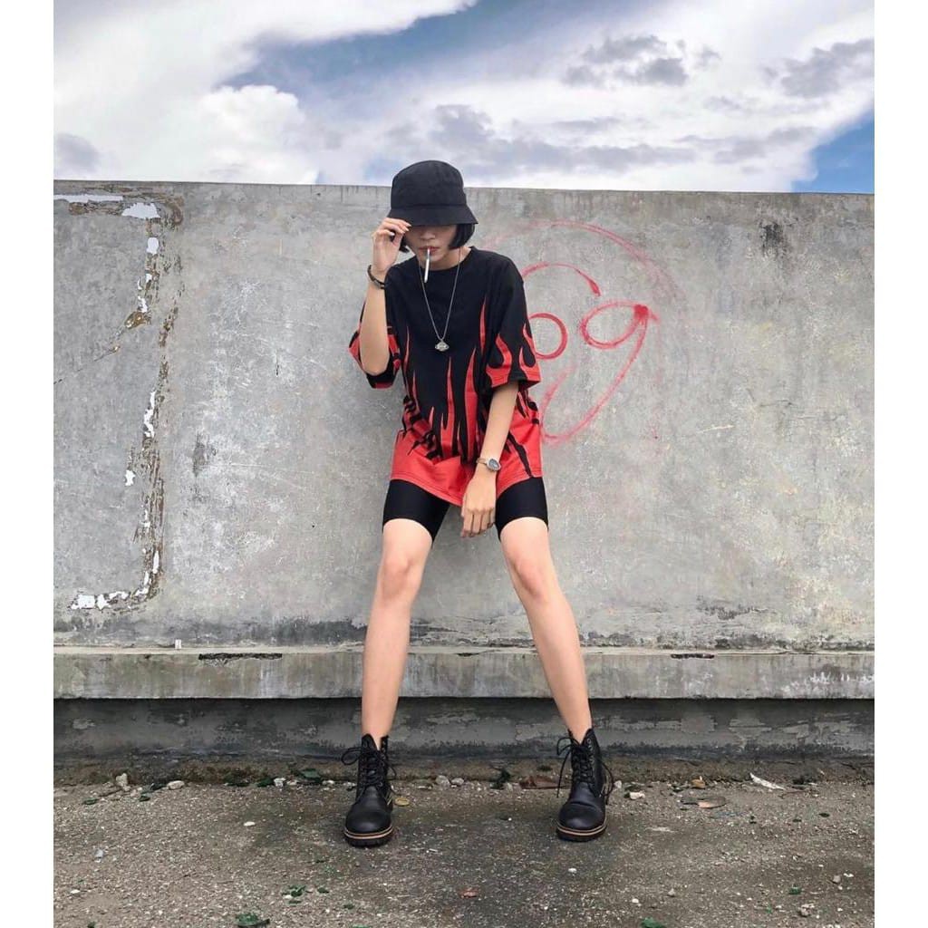 VTZEN - ZEC Oversize DENI Tshirt / Oversize Fire / Baju Kaos Oversized Motif Api Wanita / Tumbrl Tee