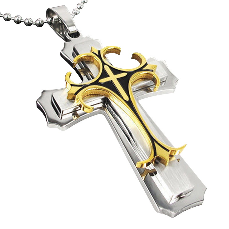 Fancyqube 1pc Kalung Liontin Salib Yesus Bahan Stainless Steel Warna Silver / Gold / Hitam Hias Kristal Zirconia