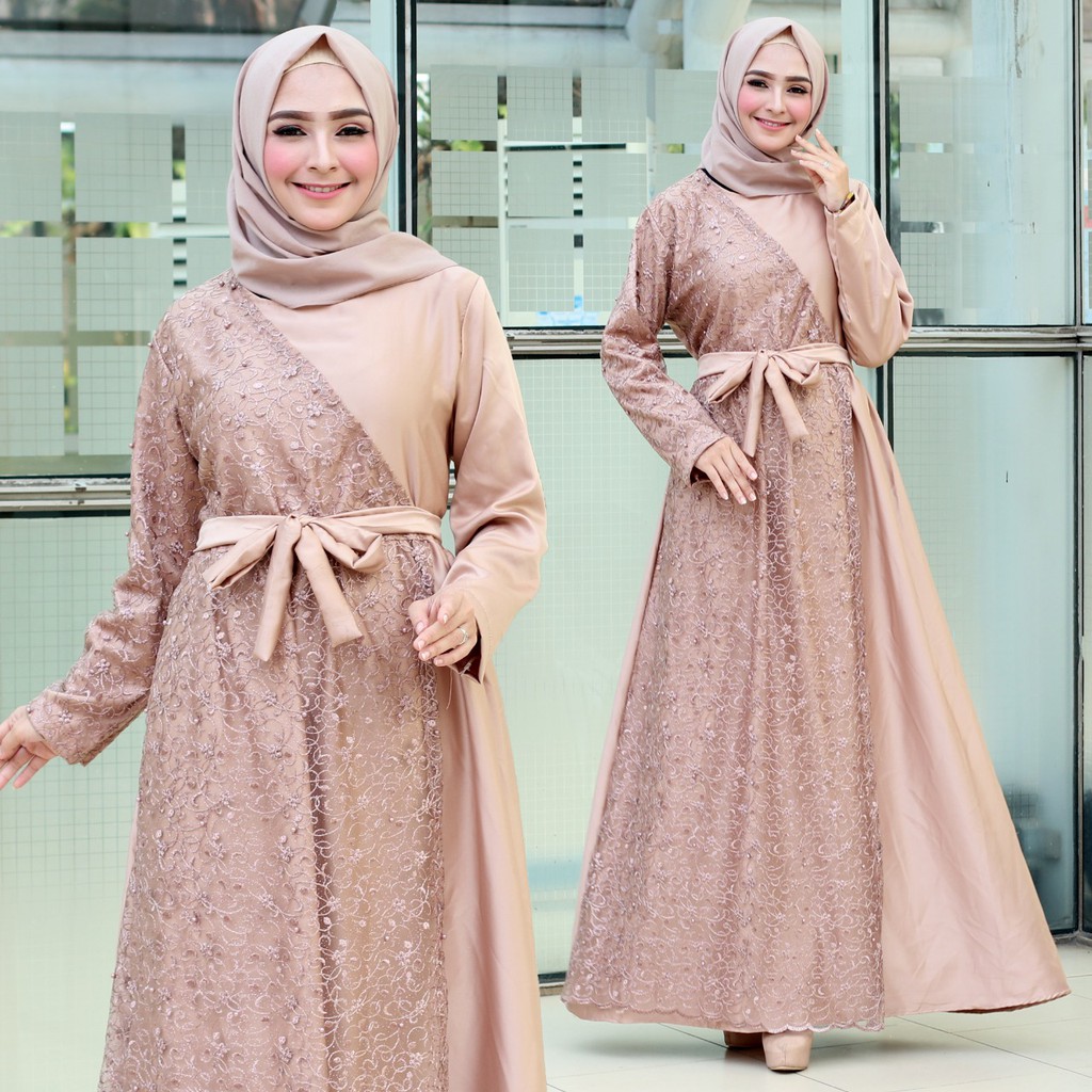 Dress Brukat Wanita Maxi Dress Carlita / Gamis Wanita bahan Velvet Roberto / Fashion Muslim / Baju Pesta