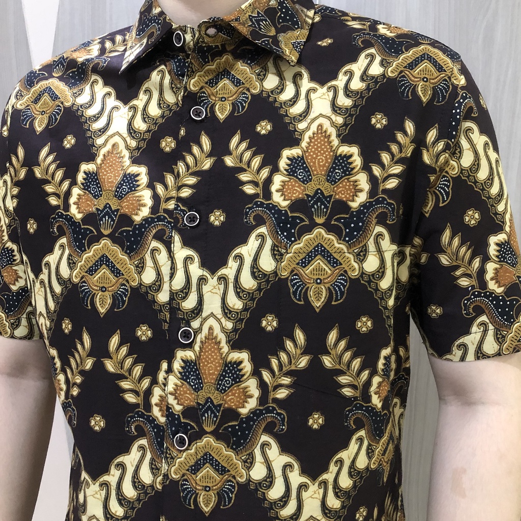 [GRIDLINE - S233 Maroon Brown, Dark Brown, Black Green] Kemeja Batik Slimfit Pria Katun Lengan Pendek Modern Simpel Keren Kekinian