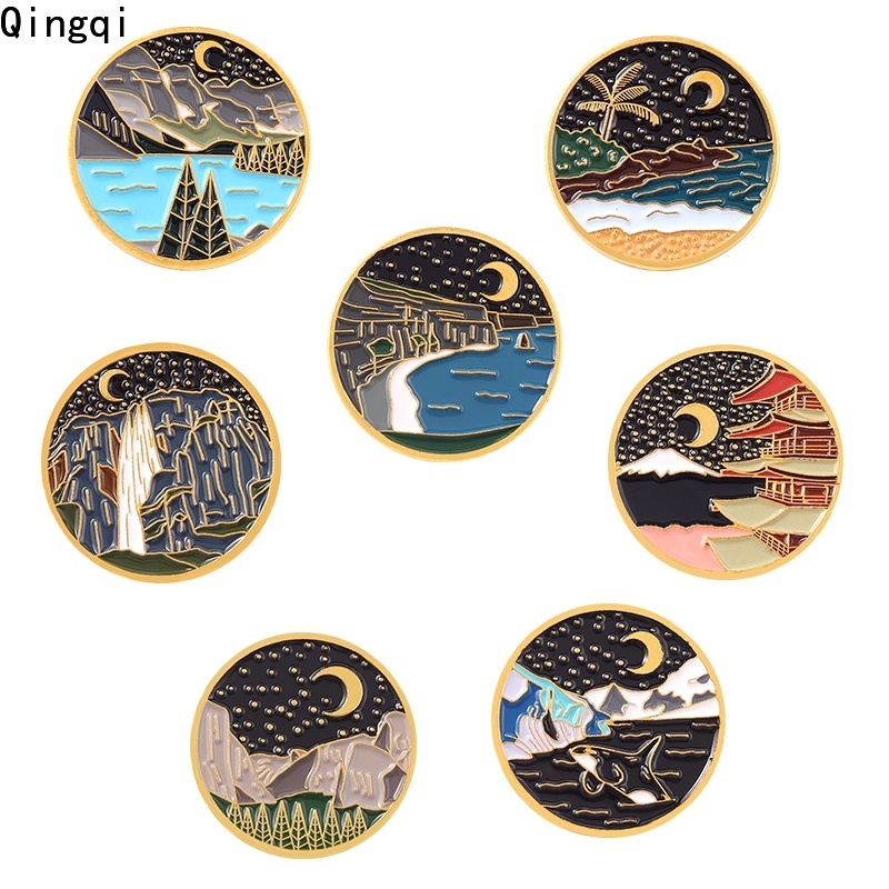 Outdoors Bros Pin Enamel Desain Pemandangan Gunung / Sungai / Bulan Untuk Aksesoris Pakaian Wanita