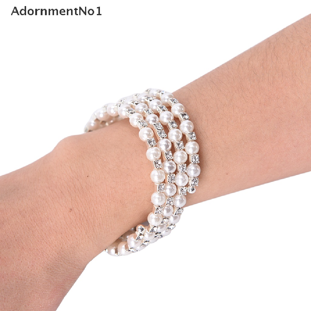 (AdornmentNo1) Gelang Bangle Cuff Lebar Elastis Multilayer Aksen Mutiara + Kristal Imitasi Untuk Wanita