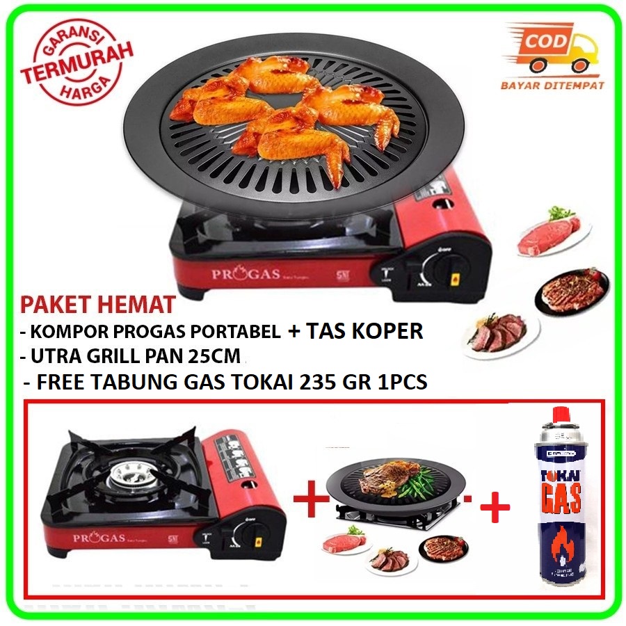 Paket Barbeque/BBQ Set Kompor Portable PROGAS free Tas + BBQ Grill plate+ Gas tokai 1 pcs original