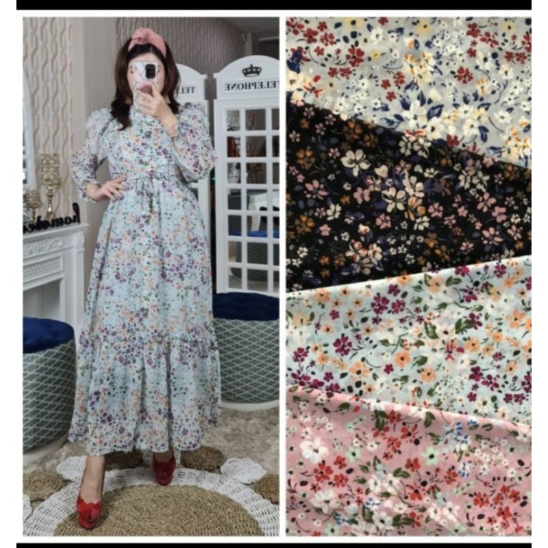 Gamis Ceruty Ruffle Motif Bunga Kecil / Maxi Dress Premium / Meijiwang