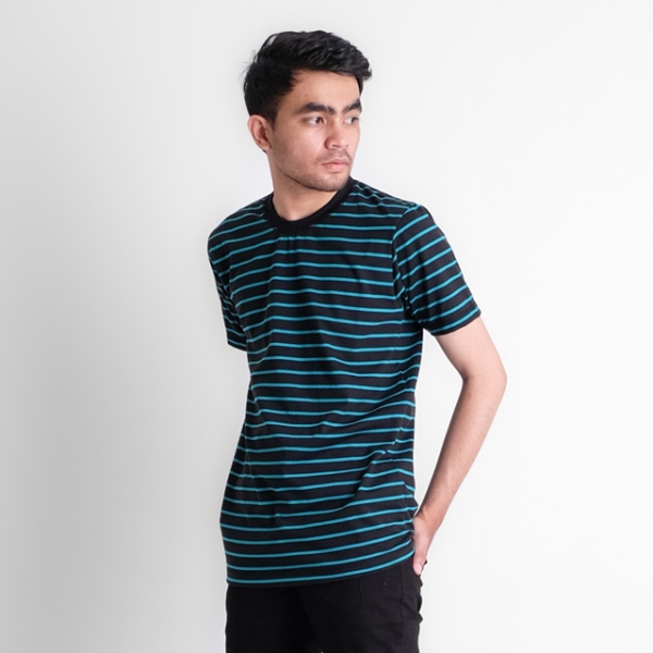 Baju Kaos Pria Garis Stripe CVC Biru Tosca Kombinasi