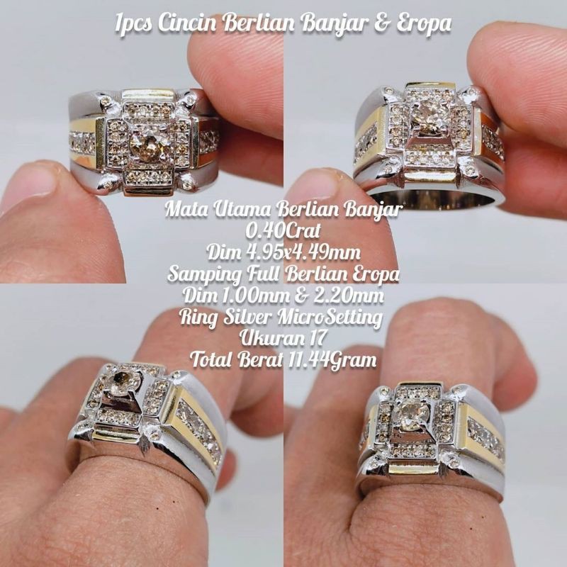 cincin perak berlian banjar samping berlian eropa asli natural alam diamond bkn akik wulung giok
