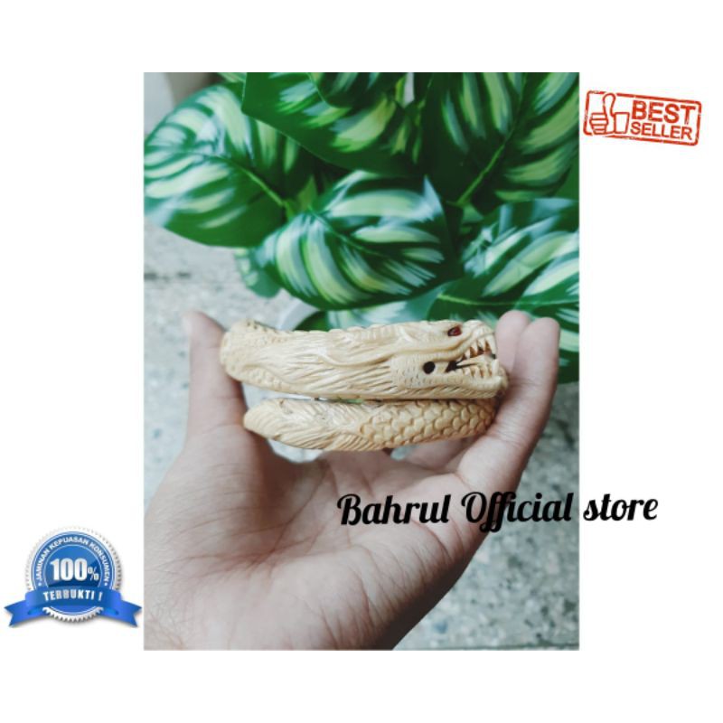 Gelang kayu akar Bahar putih original ukir naga samping
