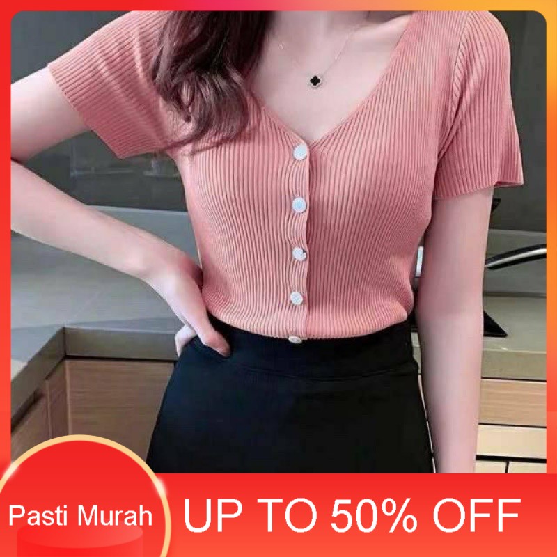 PASTI MURAH  baju rajut v neck cewek lengan pendek Naomi / baju rajut atasan cewek