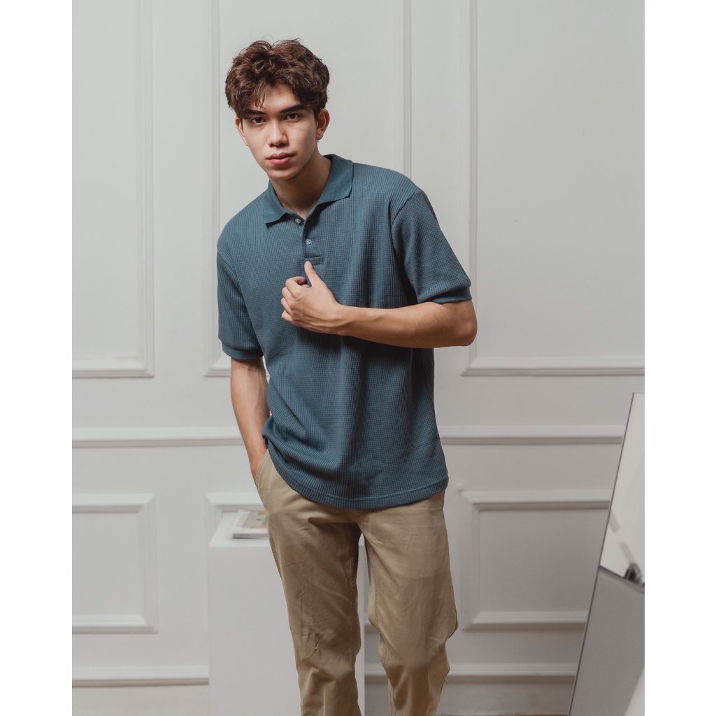 SHIBUYA POLO WAFFLE - Kaos Polo Waffle in Stone Blue