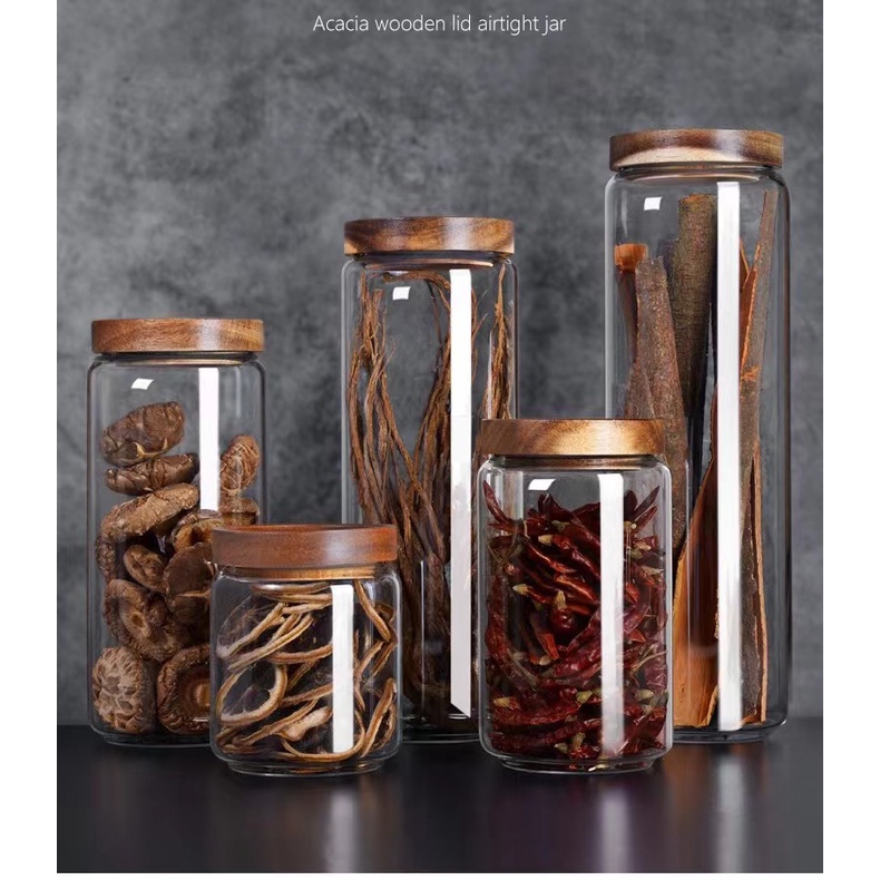 Toples Kaca/Toples Makanan Ringan Tutup Kayu Wadah Makanan Kedap Udara/Acacia Wooden Airtight Jar