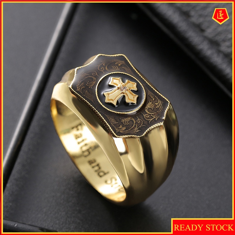 [Ready Stock]Creative Golden Black Agate Cross Faith Ring