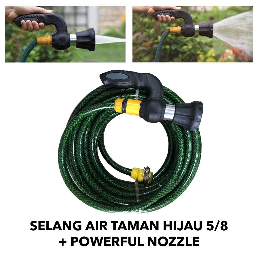 SELANG AIR TAMAN HIJAU 5/8 + POWERFUL NOZZLE SET