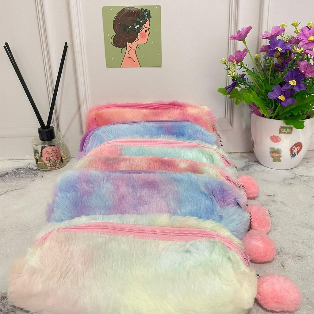 Tempat Pensil Bulu Rainbow Cute Lucu bahan kain Bludru Halus Termurah / Kotak Pensil Imut warna-warni Alat Tulis Sekolah dan kantor Stationary Fancy Best Quality bisa COD