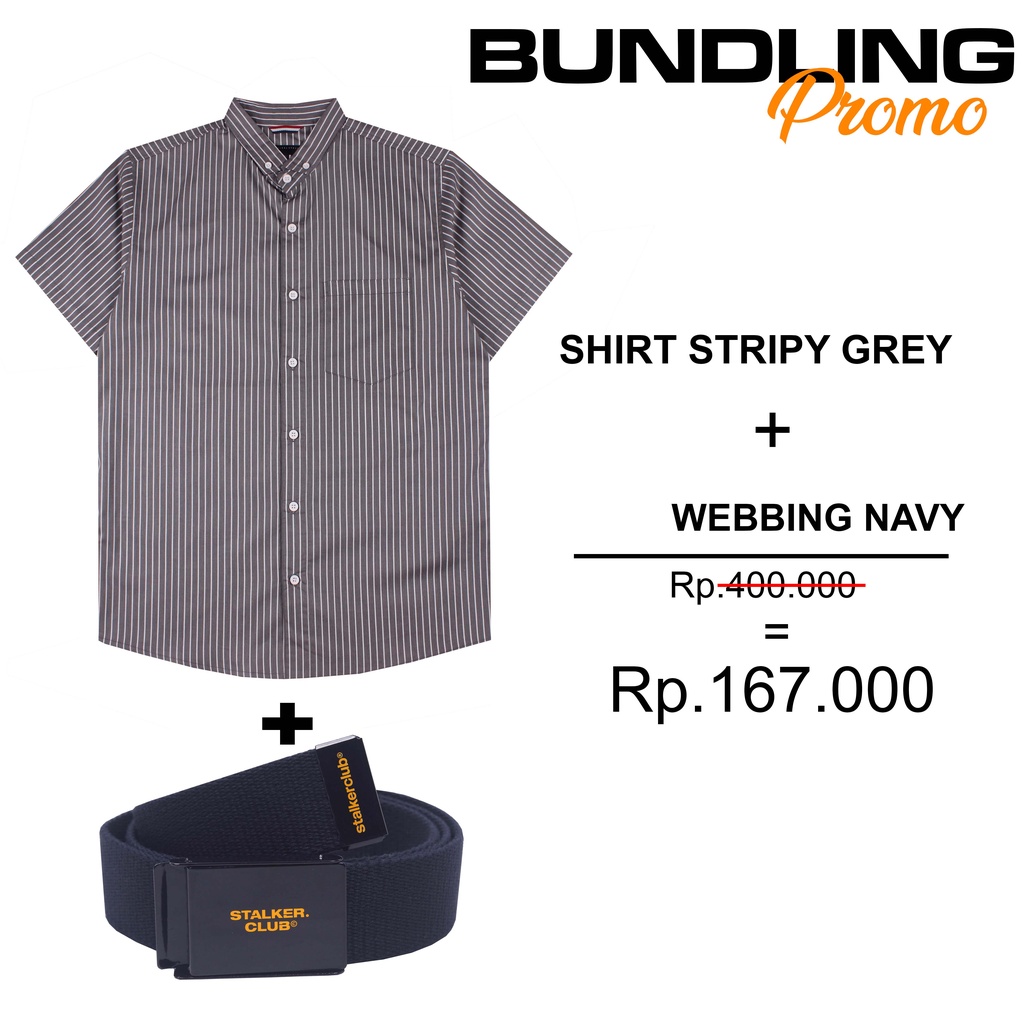 Stalker Promo Bundling Kemeja Stripy Gray Twotone + Webbing Belt Navy