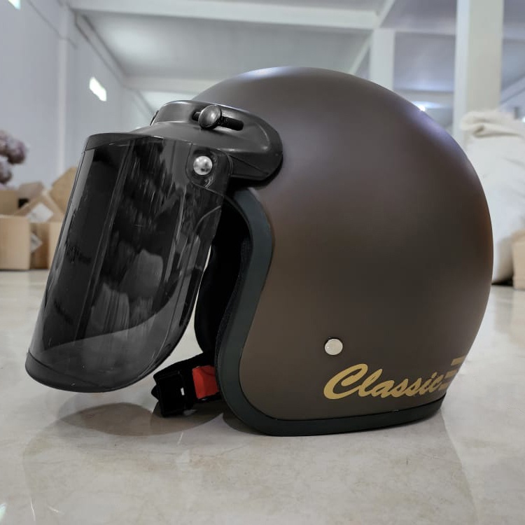 Helm Bogo Retro Dewasa Pria Wanita Polos Klasik SNI Motor-dark brown doff