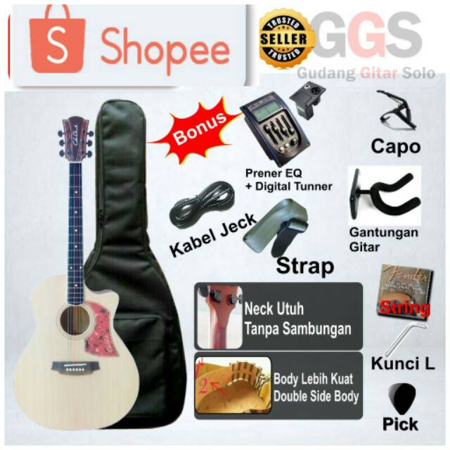 gitar akustik elektrik tuner digital dobel run neck solid mahony utuh