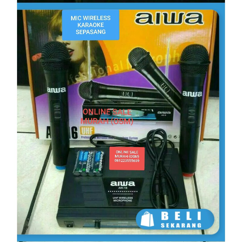 Aiwa mic karaoke sepasang mikrophone Wireless microphone wireles pro suara musik audio sound sistem vokal vocal mik professional panggung dj studio EUT  Sepasang jarak mic bisa pakai sampe 20-40 meter.  BISA DIPAKAI KE SEGALA ALAT AUDIO  Mic wireless Aiwa