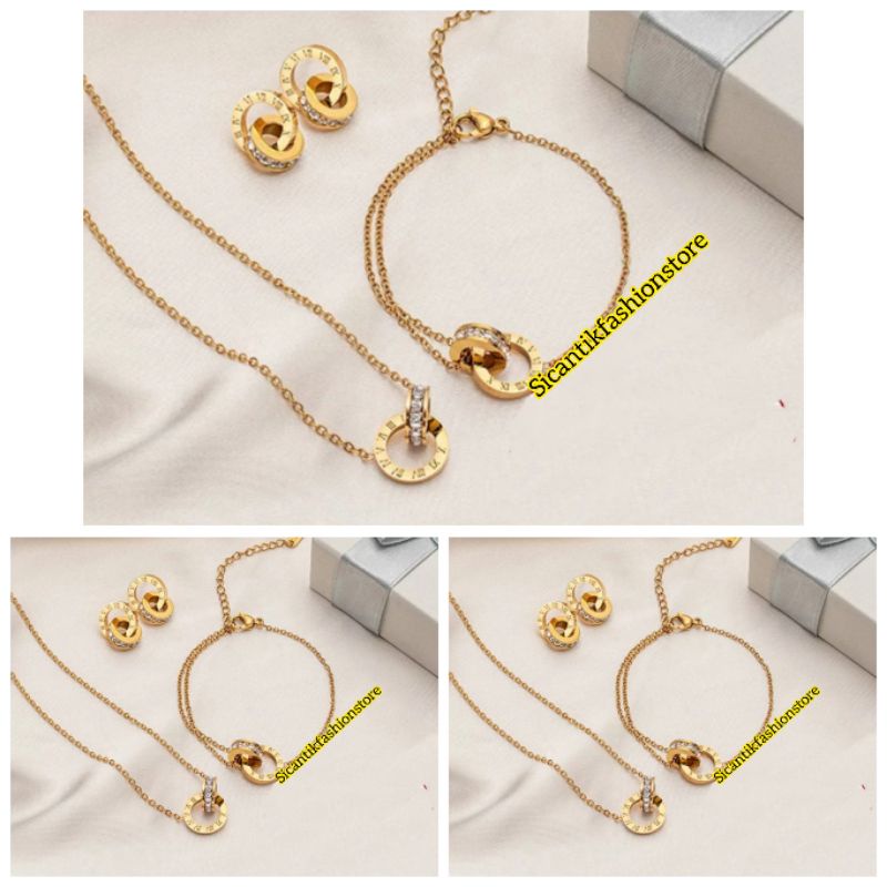 Perhiasan Set Model Ring Titanium Wanita Gold Kalung Gelang Anting Terlaris Anti Karat selamanya Perhiasan Set Wanita Terbaru Kekinian Mewah  Anting Kalung Gelang Gold