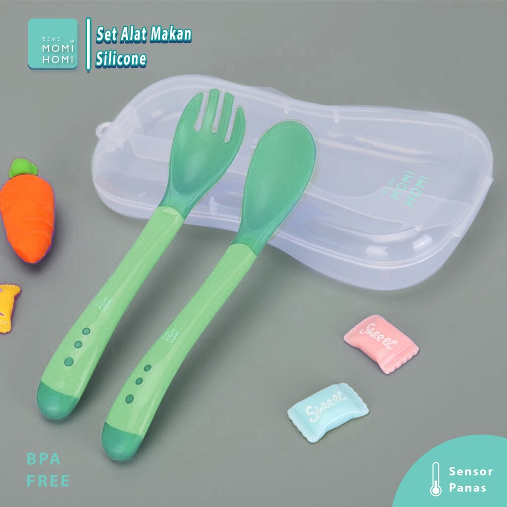 Image of MOMI HOMI Set Sendok dan Garpu makan bayi baby safety spoon silikon sensor panas Lentur feeding orange hijau pink biru aman #0