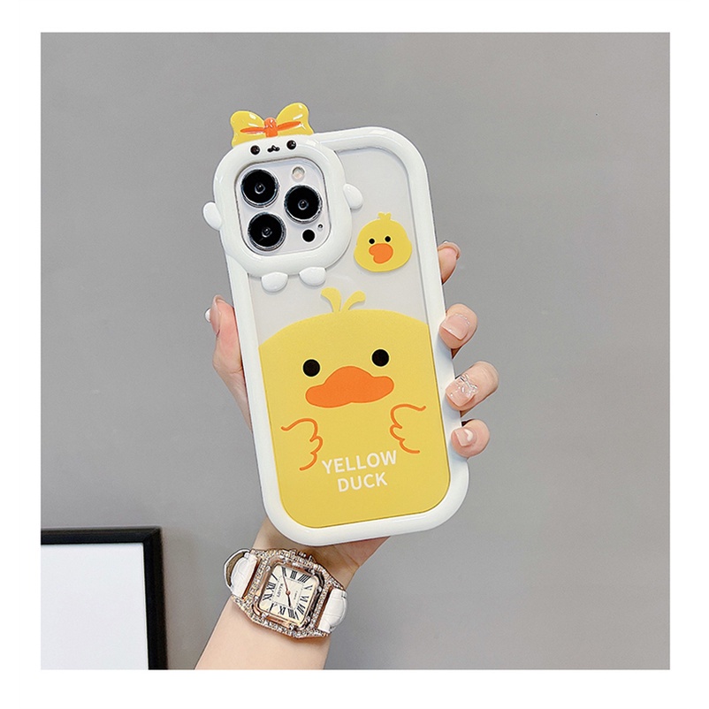 Soft Case Compatible for iPhone 14 13 12 11 Pro Max X XR Xs Max SE 2020 iPhone 6 6s 7 8 Plus iPhone 14 Plus Cartoon Cute Little Yellow Duck Transparent Phone Case 3D Lens Cover Protection Surface TPU Shockproof Anti-skid Mobile Phone Cover Casing