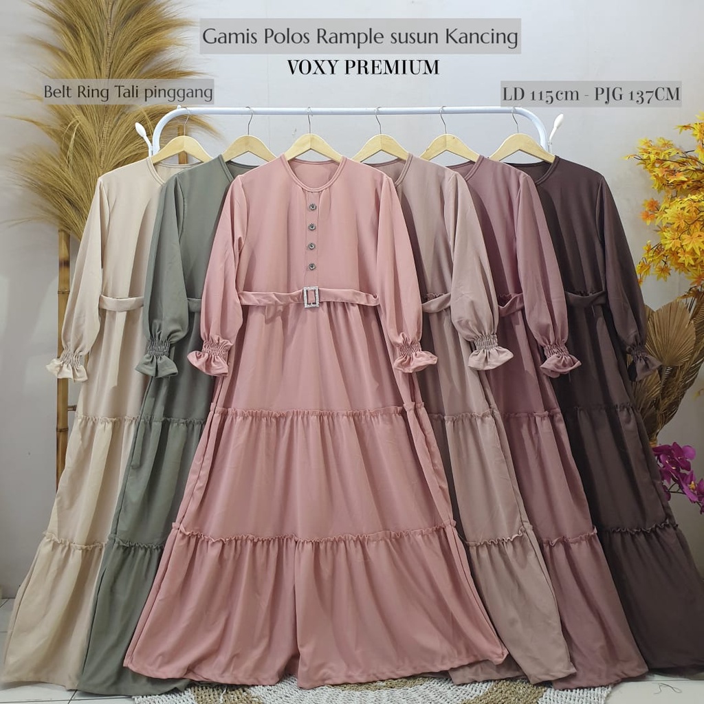 Gamis jumbo model kancing rample sabuk mayung motif polos bahan voxy merk sincia