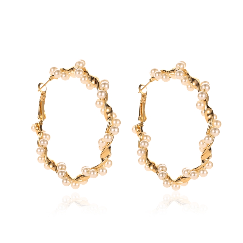 Logam Geometris Lingkaran Besar Anting Mutiara, Anting Temperamen Perempuan