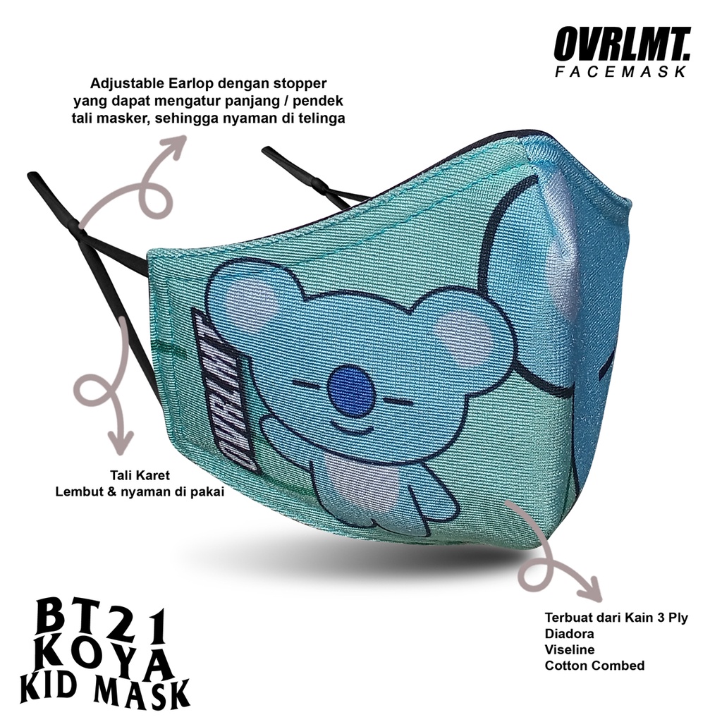 Masker Anak Overlimit / Masker Anak kain 3 ply / Masker Spongebob / Bt21 / Doraemon / Unicorn