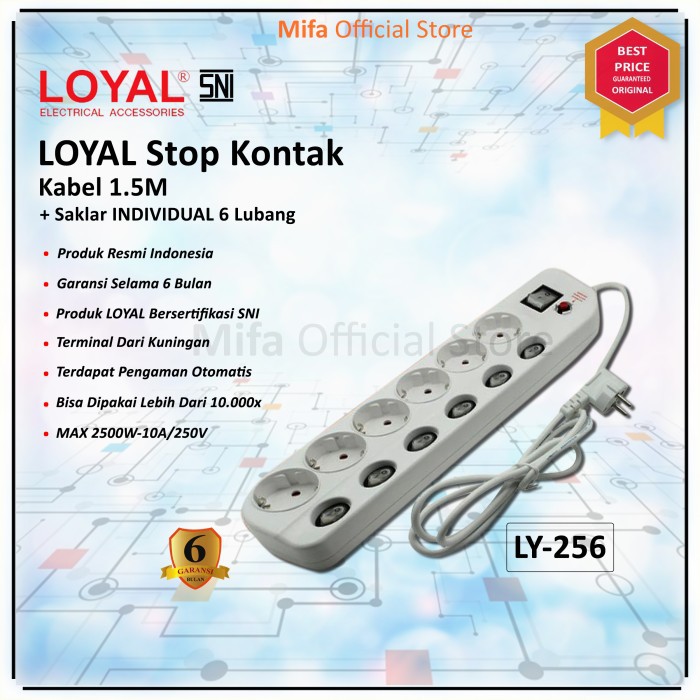 LOYAL Stop Kontak Kabel 1.5M + Saklar INDIVIDUAL 6 Lubang (LY-256)