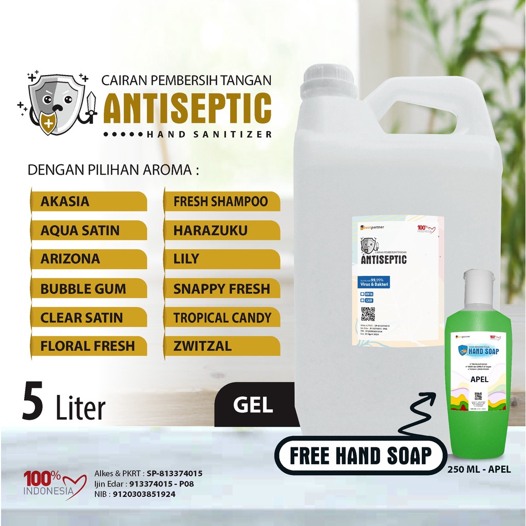 Hand Sanitizer Gel Antiseptic alkohol 70% Varian Wangi Segar 5 Liter Jerigen + Bonus Handsoap Aroma Segar 250 ml Botol