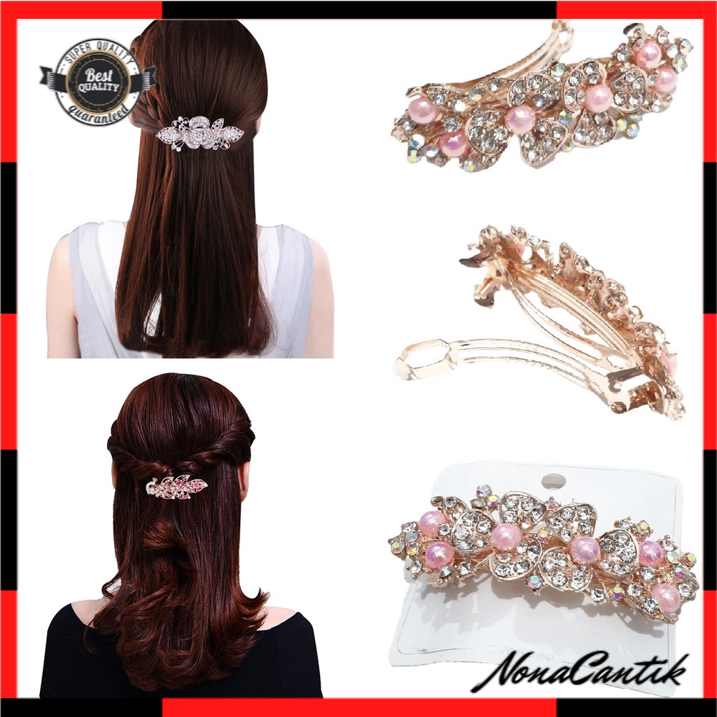 Jepit Rambut Otomatis 9cm Jedai Besi Alloy Jepit Ponytail Premium Kristal Mutiara Jedai Jepit Rambut Jumbo Dewasa Rhinestone Barrette