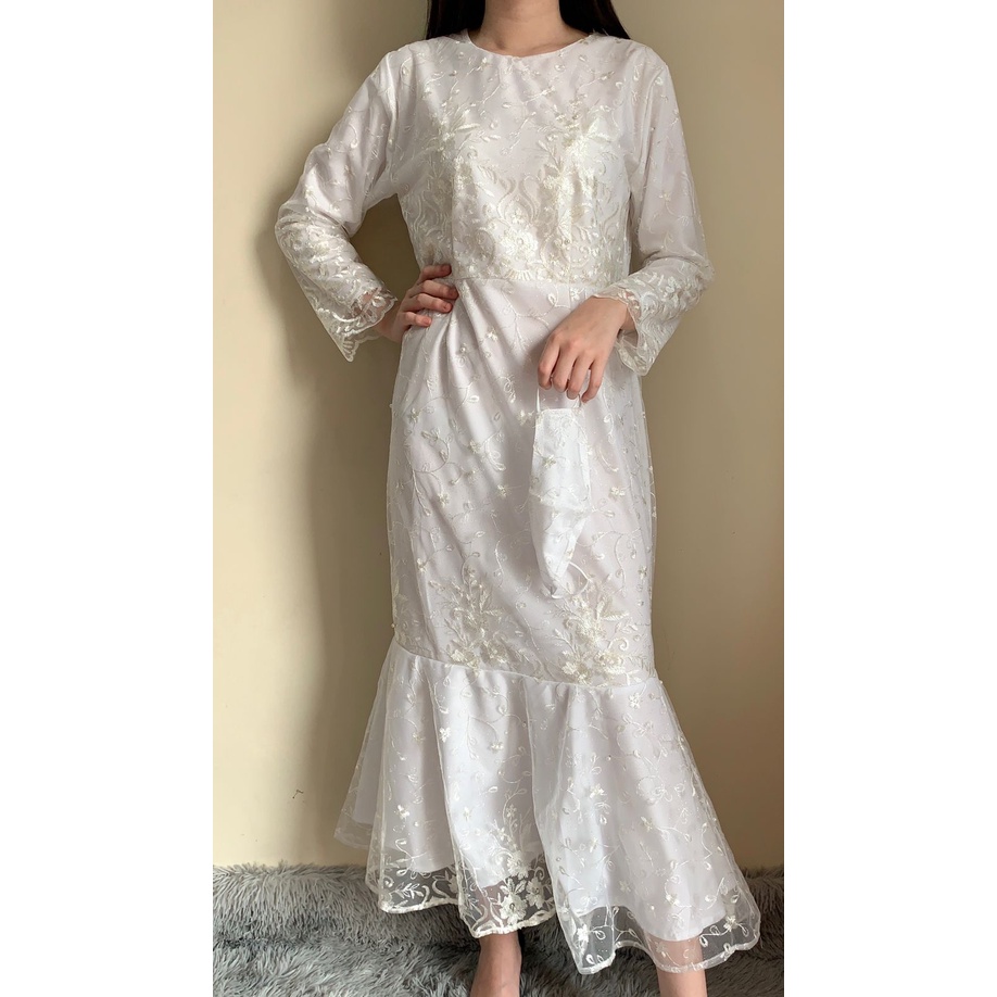 Ken-237 Busana Gamis Long Dress kondangan Muslim Hijab Wanita Dress Pesta Korean Look Model Duyung Premium Full Tulle High Quality-Putih