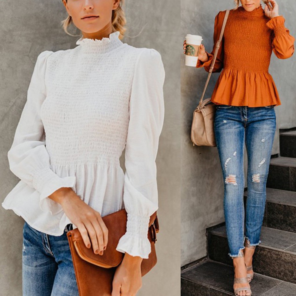 [import] (harmonymall)Wanita frill panjang tanuk kura-kura leher blus kasual lengan flare Rue